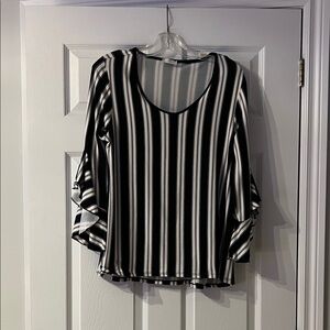 Chic Black and White Striped Blouse with Ruffle Sleeves